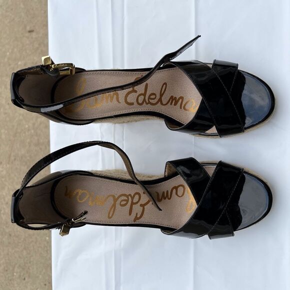 Sam Edelman Black Brenda Patent Leather Espadrilles Wedge Heel Sandal Size 8.5 - Picture 8 of 11